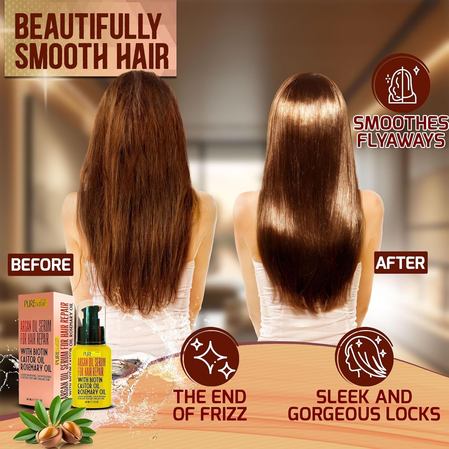 Moroccan Argan Oil Hair Serum - Rescue Frizzy and Damaged Locks - With Heat Protectant and Straightening Properties - Hydrating Anti Frizz Products For Curly and Straight Hair with Split Ends - Image 2