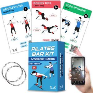 Pilates Bar Kit Workout Cards – 62 Exercise Cards Deck with Videos & Workout Plan – Includes 8-Week Challenge, Chart & 2 Rings for Easy Organization – Home Exercise Bar Guide for Women & Men