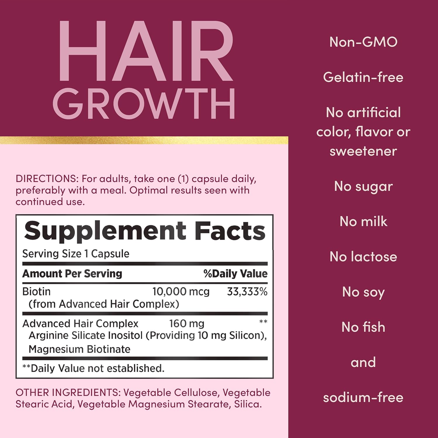 Nature's Bounty Optimal Solutions Hair Growth Supplement with Biotin, Hair Growth Vitamins with Biotin Silicon & Arginine, 1 Per Day, 30 Capsules, One Month Supply - Image 6