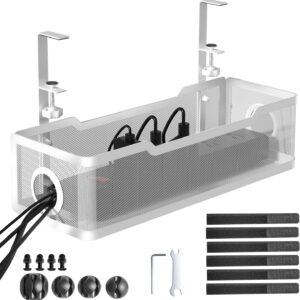 Under Desk Cable Management Tray White, Cinati Wire Organizers No Drill, Cable Tray with Clamp for Wire Management, Cord Organization Box for Office, Home – No Damage to Desk