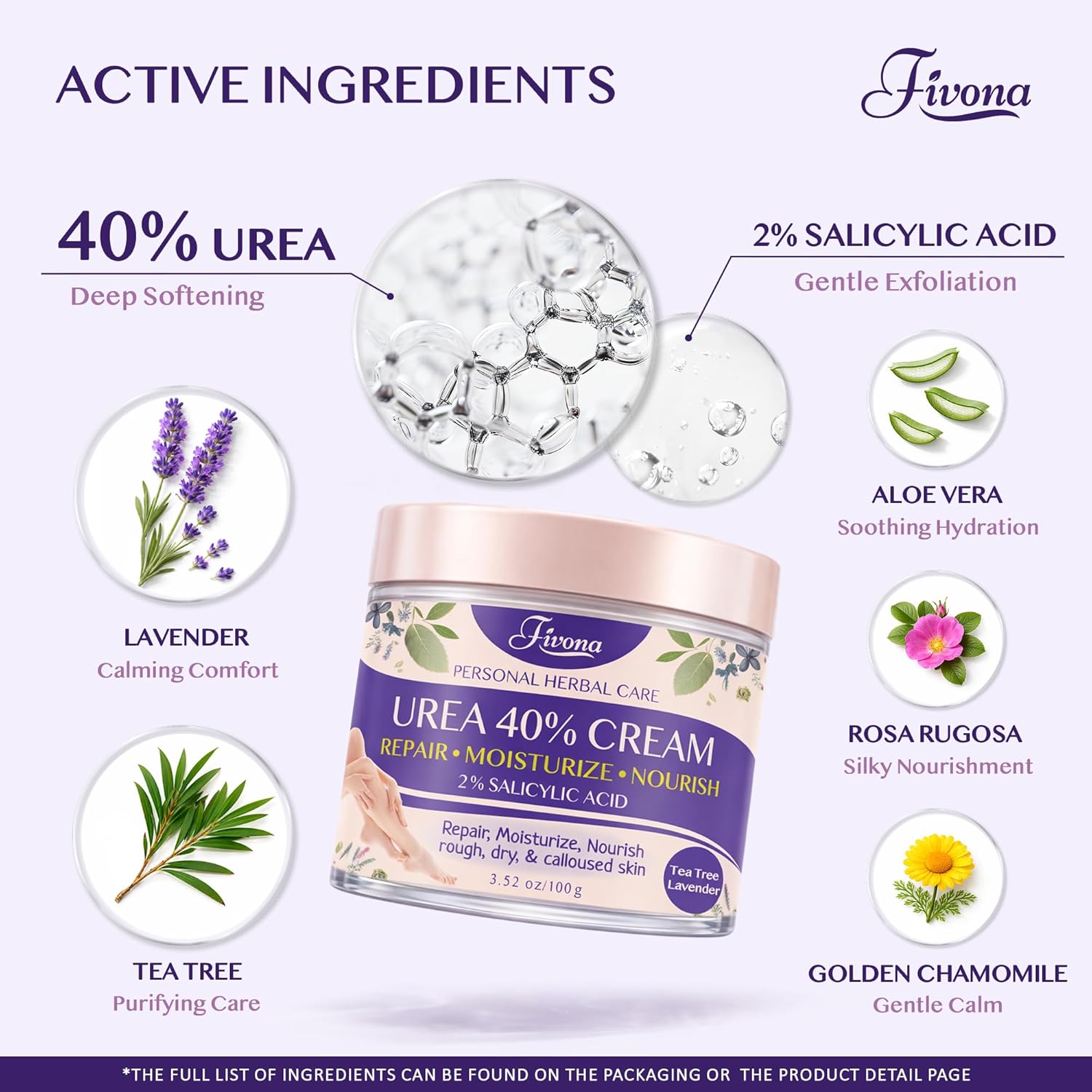 FIVONA 40% Urea Foot Cream for Dry Cracked Heels - Extra Strength Callus Softening Cream with 2% Salicylic Acid, Tea Tree & Lavender, 100g (3.5 oz) - Image 2