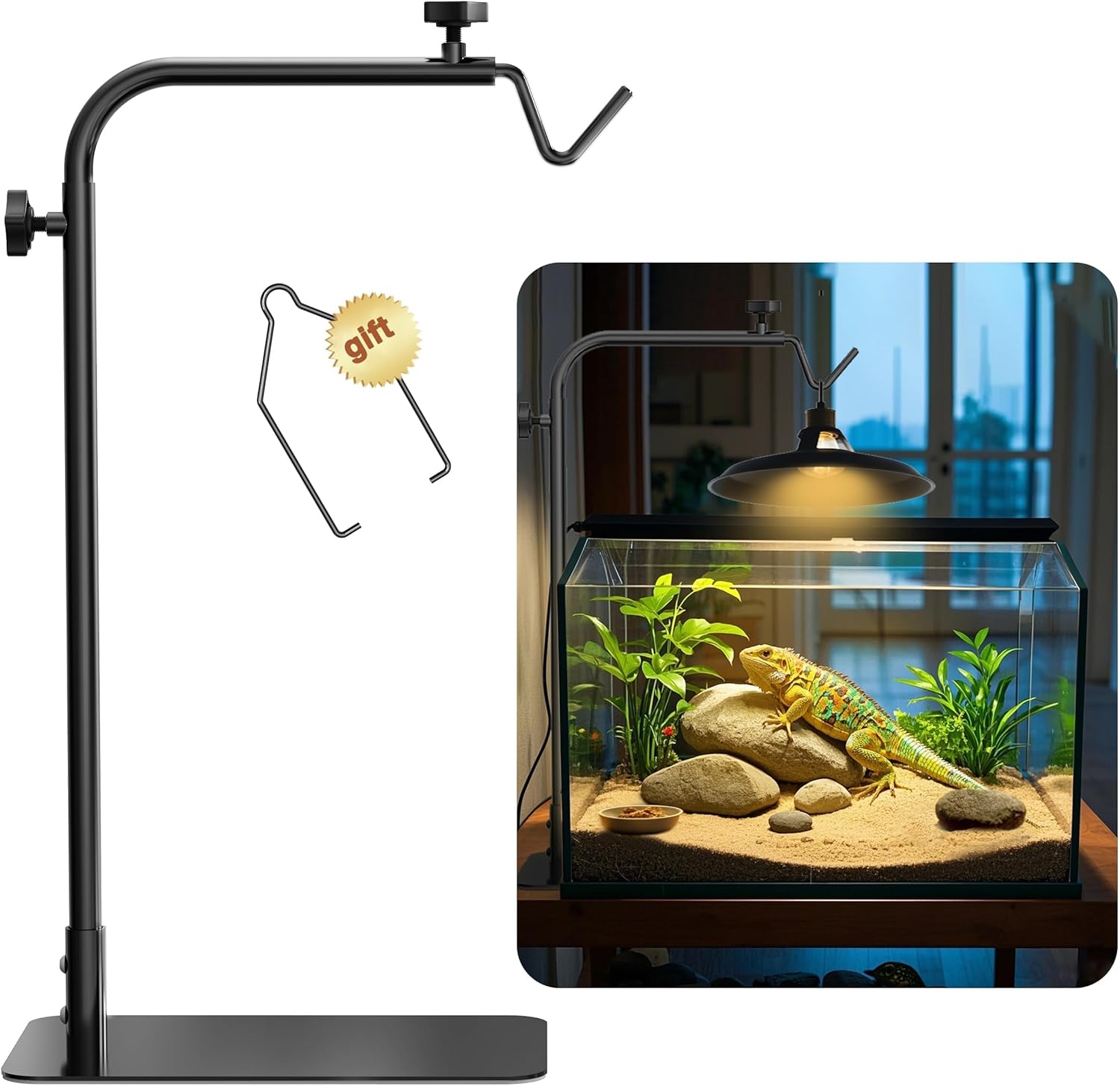 Reptile Heat Lamp Stand Adjustable 18"-32": Light Holder Fixture with Heavy Base for Bearded Dragon, Turtle, Snake, Lizard – Terrarium Heating Dome Lamps for Tank or Aquarium Use