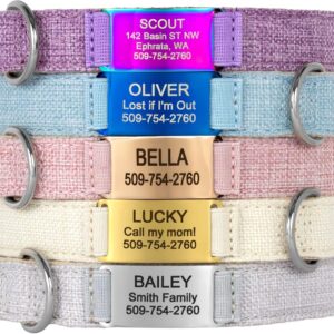 GoTags Personalized Cotton Hemp Dog Collar with Custom Engraved Nameplate, Silent No Noise Pet Dog Tag for Small, Medium, and Large Dogs