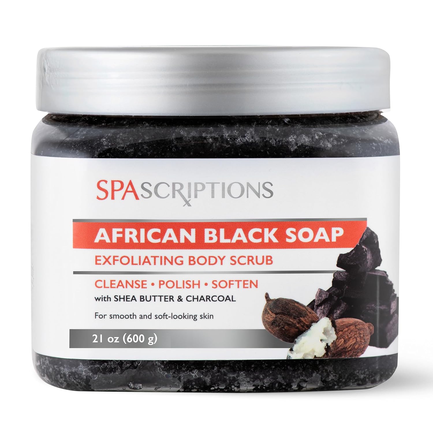 SpaScriptions African Black Soap Sugar Scrub - Detoxifying Body Scrub Exfoliator with Shea Butter & Charcoal, Ideal for Oily or Congested Skin, Supports Deep Pore Cleansing & Clarifying Skin, 21 oz