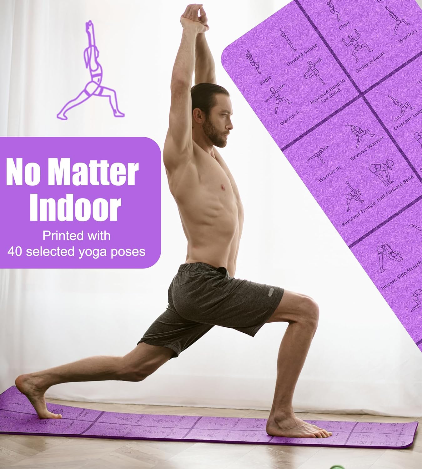 Foldable Thick Yoga Mat with Asanas Poses -Christmas Gifts for Wife and Girls, Non-slip 8mm Thicken Instructional Exercise Mat for Home Workout, 72"x24"x0.3" (Purple) - Image 2