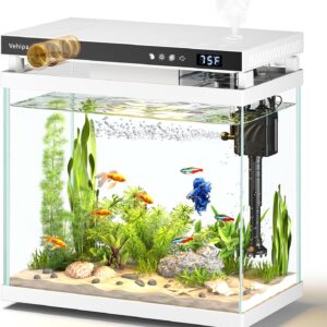 Vehipa Fish Tank Aquarium, 2.2 Gallon Smart Fish Aquarium Kits with Auto Feeder, Silent Water Pump, Temperature Display, Smart Humidifier & 7-Color Lighting, for Office & Home – White