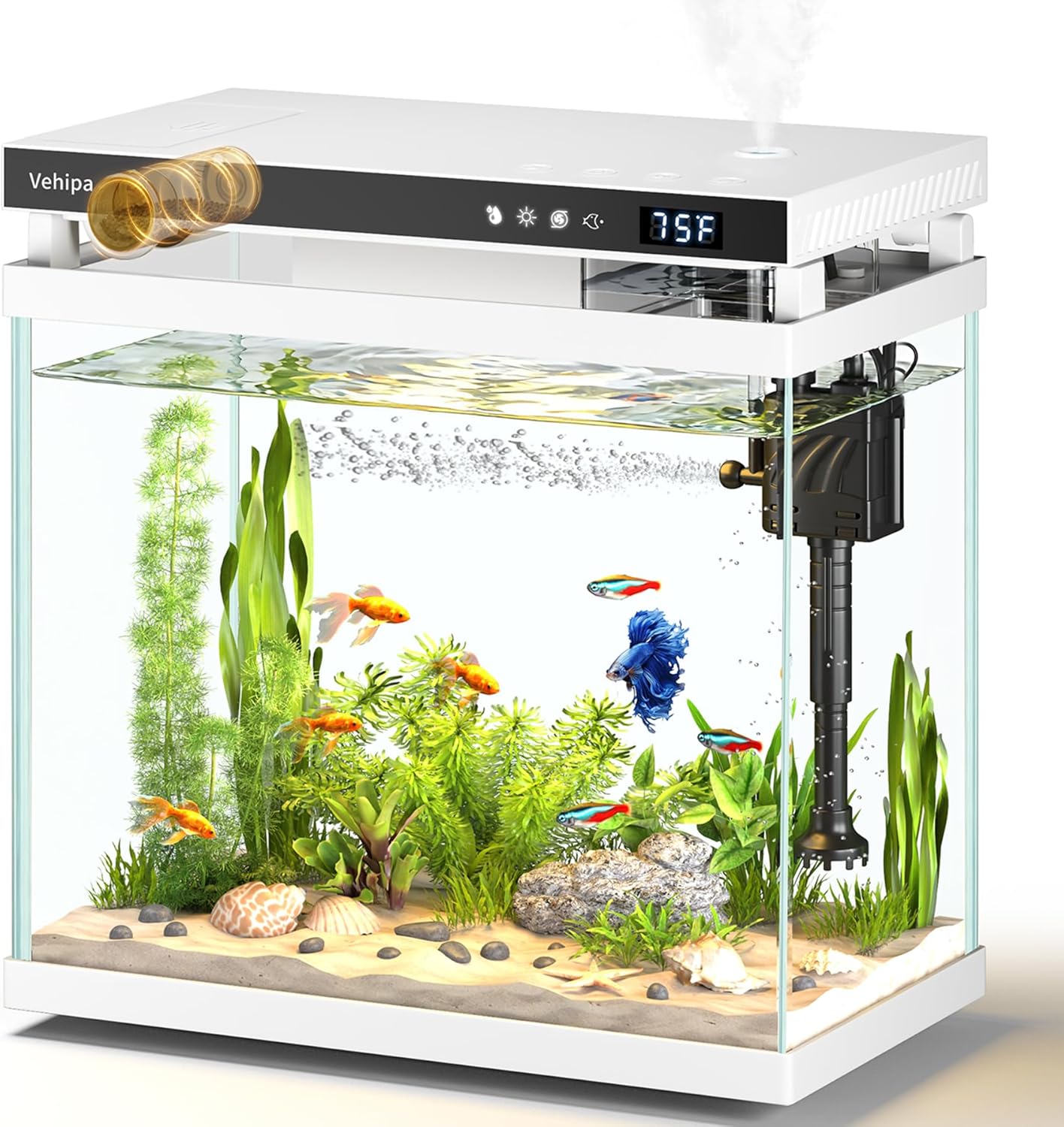 Vehipa Fish Tank Aquarium, 2.2 Gallon Smart Fish Aquarium Kits with Auto Feeder, Silent Water Pump, Temperature Display, Smart Humidifier & 7-Color Lighting, for Office & Home - White