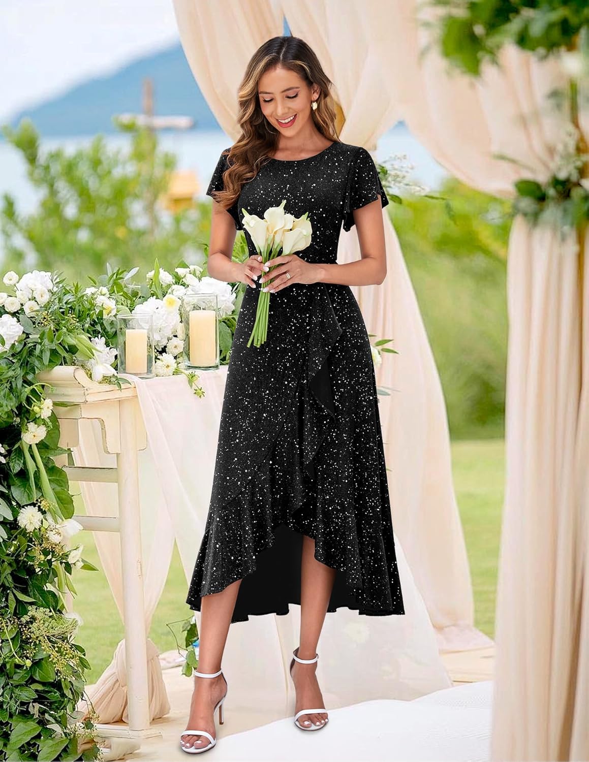 BeryLove Women Sequin Formal Party Dress Flutter Short Sleeve Wedding Cocktail Long Evening Dress - Image 5