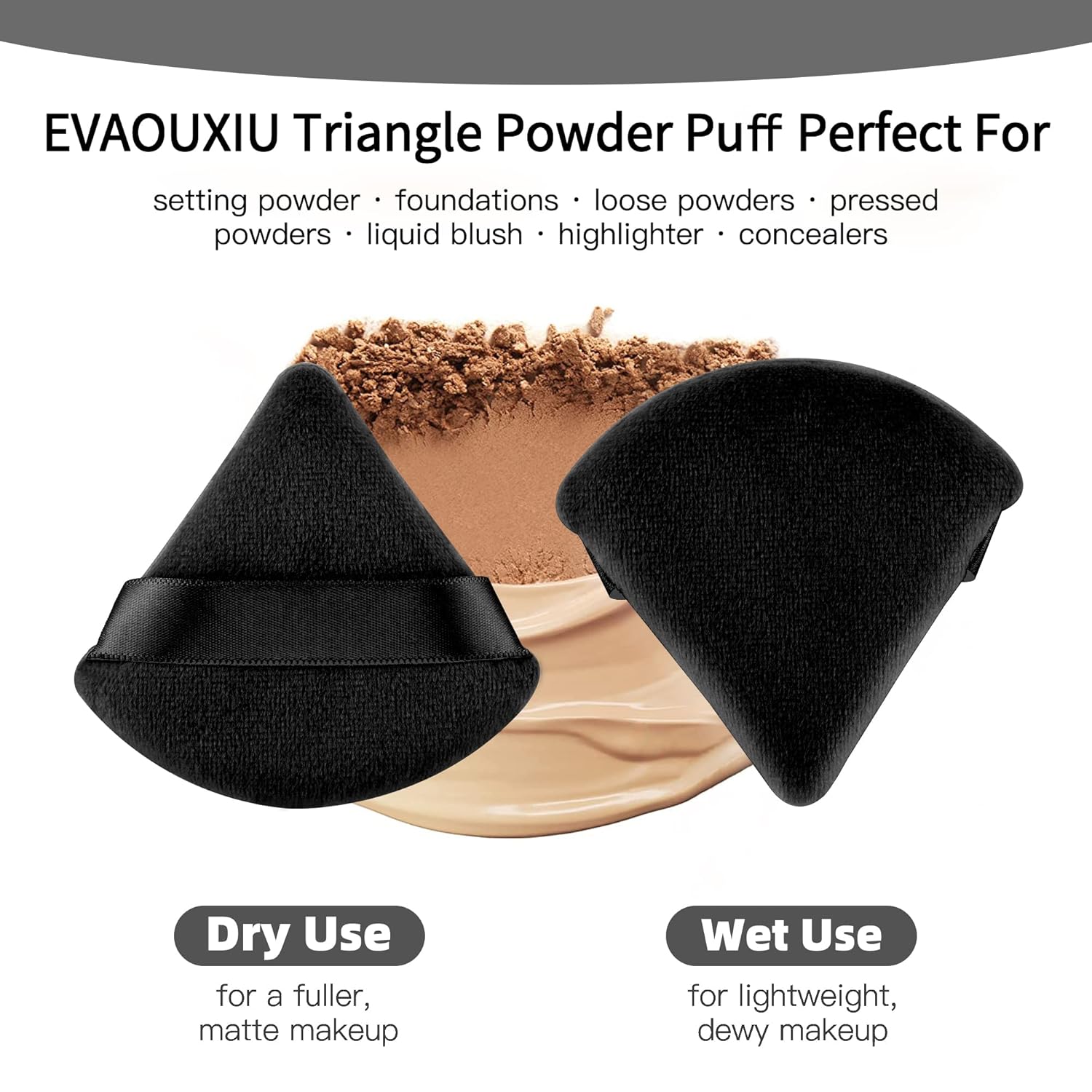 EVAOUXIU 2 Pcs Triangle Powder Puff for Face Powder, Soft Plush Setting Makeup Puff, Velour Cosmetic Foundation Blender Sponge Beauty Makeup Tools (Black) - Image 5