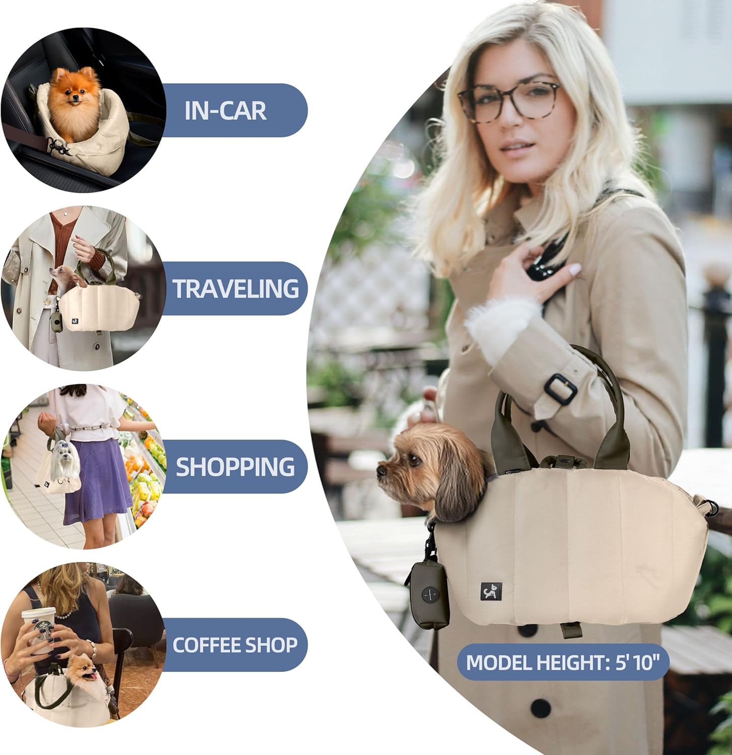 Sytopia Small Dog Carrier Purse, Portable Pet Carrier Tote Carrier with Pockets, Adjustable Safety Leash, Waterproof Dog Travel Bag, Travel Pets Purse up to 4 Lbs, Cream Beige - Image 2