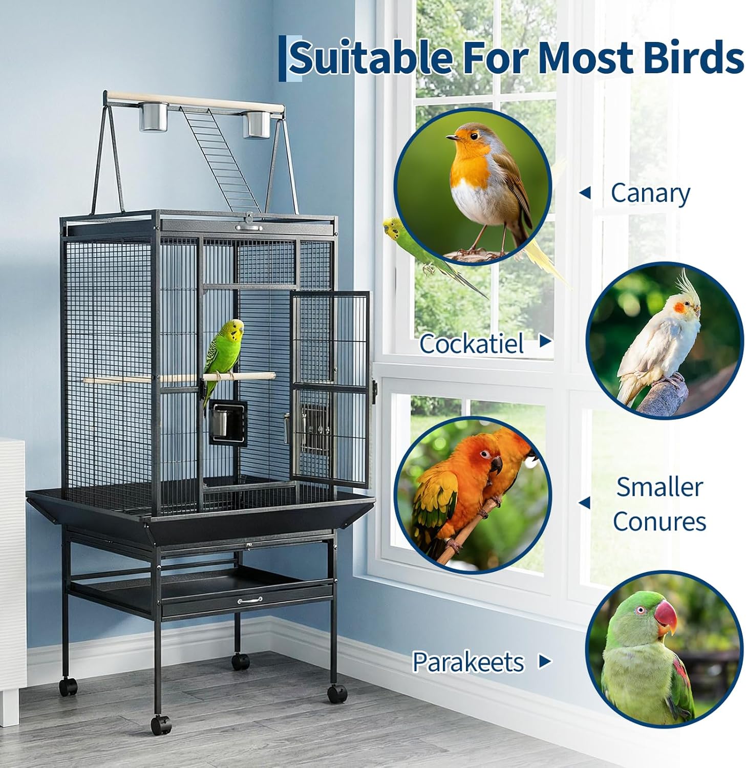 68“h Bird Cage, Large Bird Cage with Play Top, Rolling Stand for Parakeets, Cockatiels, Parrots, Budgies, Lovebirds, Small/Medium Birds - Image 7