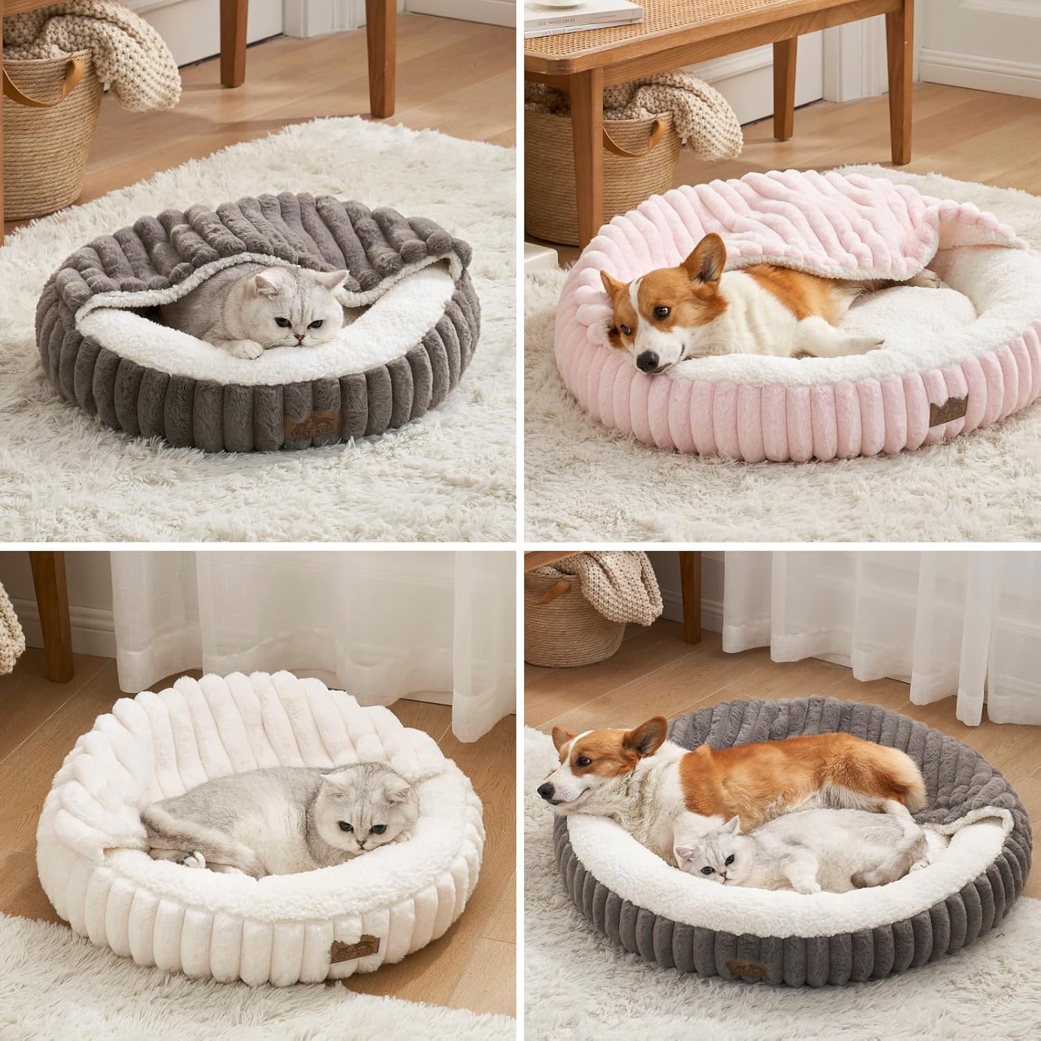 Cat Bed with Hooded Blanket, Round Fluffy Anti-Anxiety Pet Bed for Cats/Toy Breed Dogs, Cozy Donut Cuddler with Machine Washable Faux Fur & Anti-Slip Bottom(20"×20"×6",Pink) - Image 6