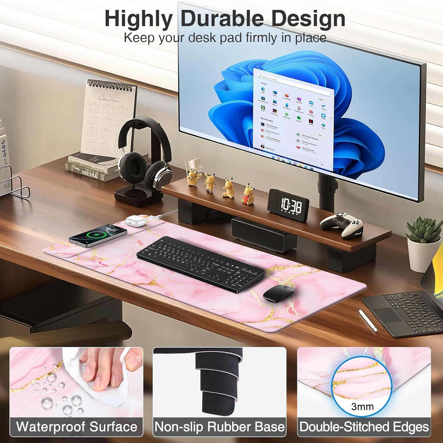 Pink Marble Mouse Pad with 15W Wireless Charging, 31.5"x15.8" Large Gaming Desk Pad/Mat for Women Girls, Waterproof Ultra-Smooth Surface, Non-Slip Base, with 20W PD Adapter - Image 6