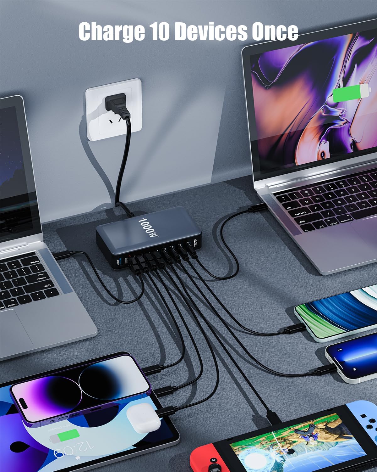 1000W USB C Charger Block,10-Port USB C Charging Station GaN IV Travel Essentials Multiple Port Charging Station,140W Laptop Fast Charger Adapter for MacBook Pro/Air,DELL,iPad,iPhone,Samsung Galaxy - Image 3