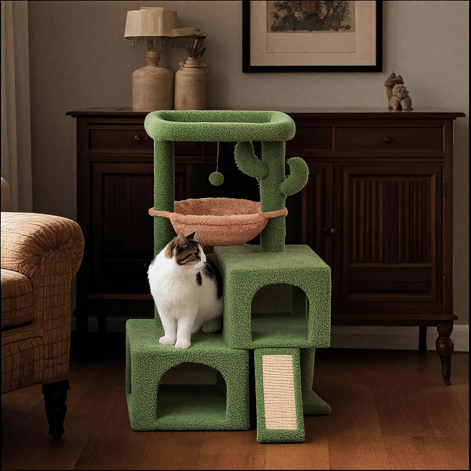ROYPET Cactus Cat Tree Tower with Twin Cat Condos for Indoor Cats, All-in-One Activity Center with Cat Scratching Post Cozy Sleeping Perch Hammock Scratching Pad and Toy Balls,Green - Image 6