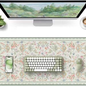 HAOCOO Floral Mouse Pad, 35.4″ x 15.7″ Waterproof Makeup Mat, Cute Aesthetic Desk Decor Pad, Women Office Keyboard Matt with Stitched Edges, Green Desk Accessories Work for Home
