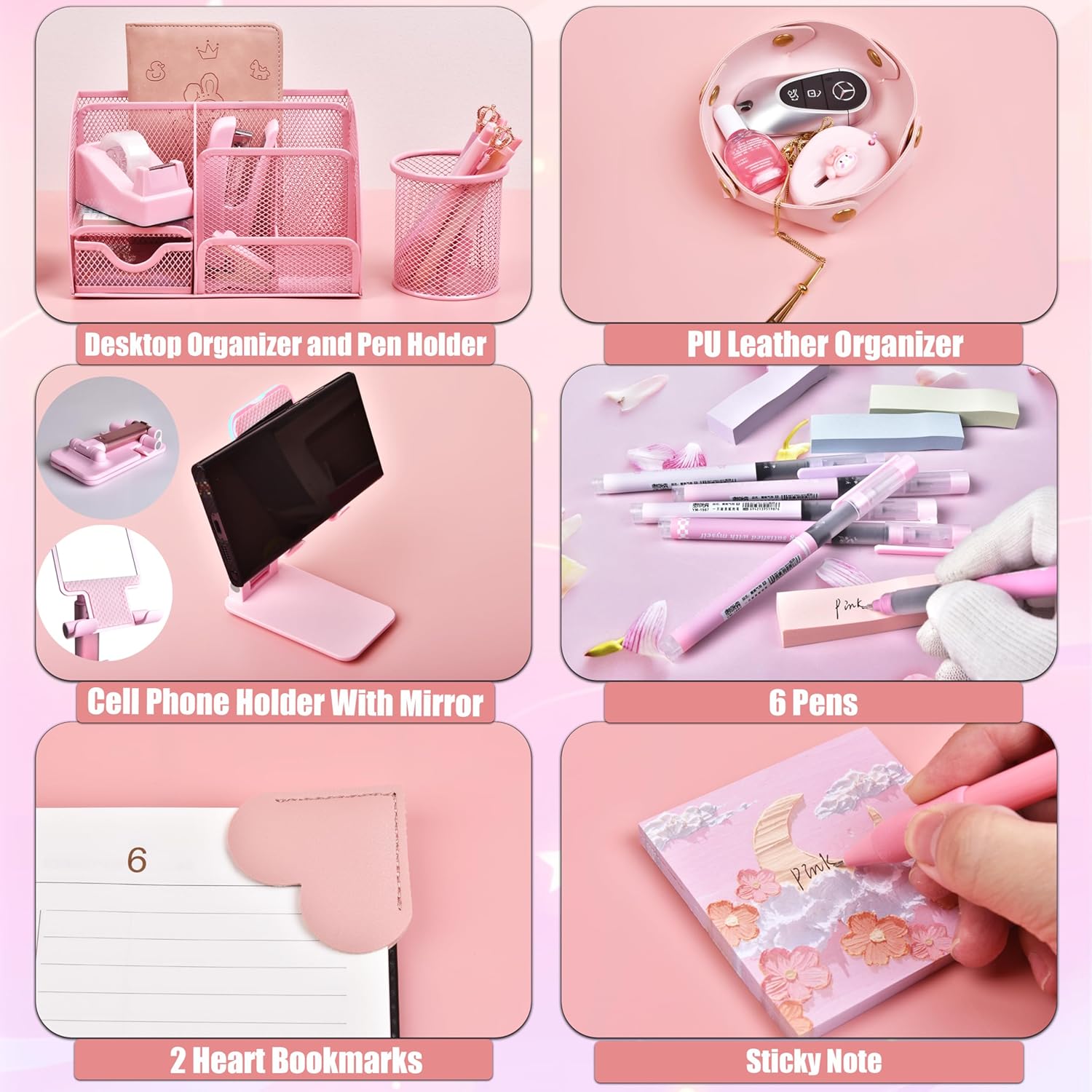 Pink Desk Accessories, 24Pcs Pink Office Supplies and Desk Organizers, with Tape Dispenser, Stapler, Staple Remover, Ect, Gift Box Packaging - Image 4