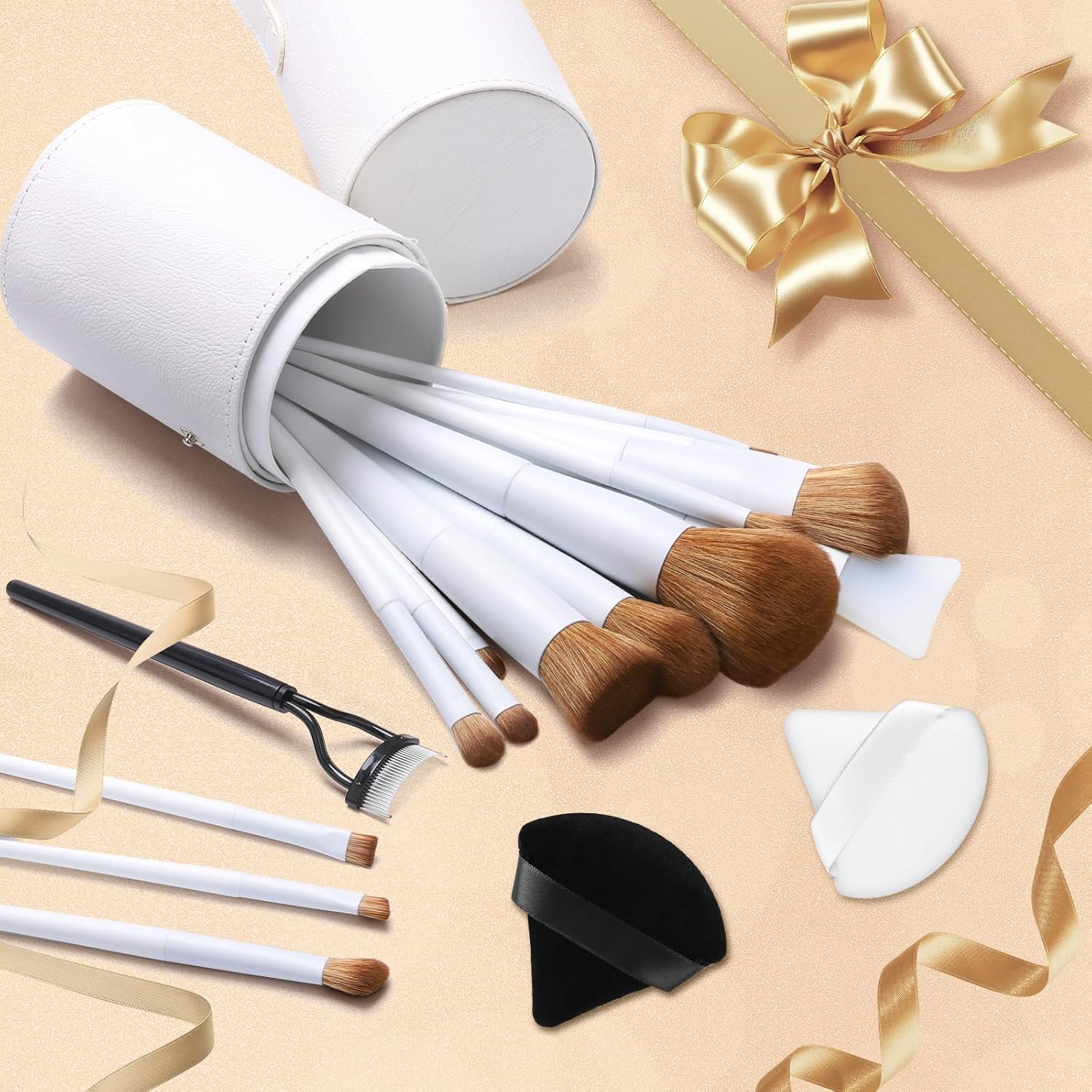 LUXBRU Makeup Brushes With Case 20PCs Professional Makeup Brush Set, Foundation Powder Eyeshadow Brush Set Eyebrow Concealer Contour Travel Brushes Kit with Holder & 2 Powder Puff-White - Image 6