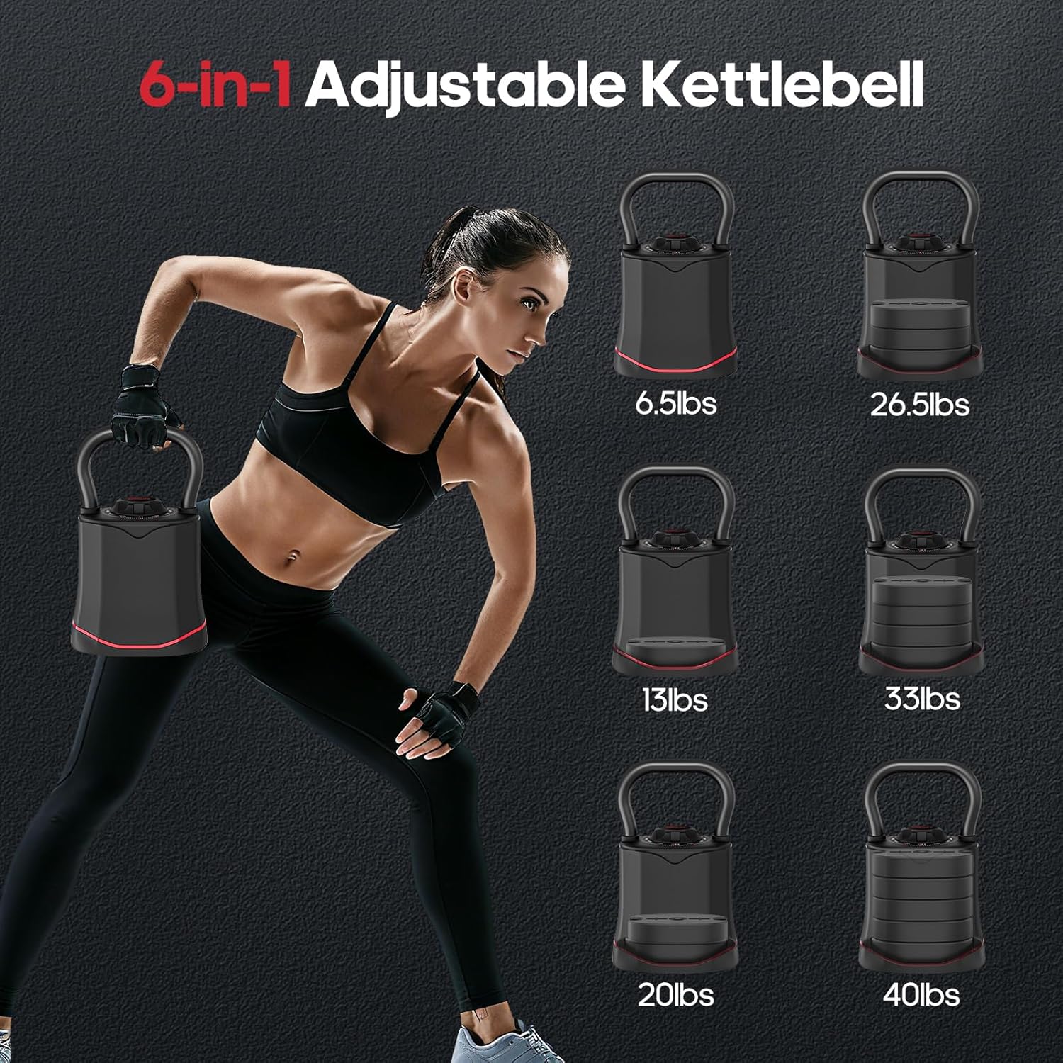 ERGOLIFE 6.5LB-40LB Adjustable Kettlebell Set, 6-in-1 Quick Weight Change, Space-Saving Weight Set for Home Gym Strength Training for Men and Women (Black) - Image 3