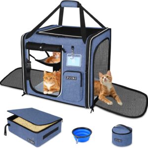 Petskd Combinable Large Cat Carrier with Litter Box for Car Travel, 19″x17″x18″ Portable Soft Pet Carrier for 2 Small Cats with Safty Zipper Locks for Vet