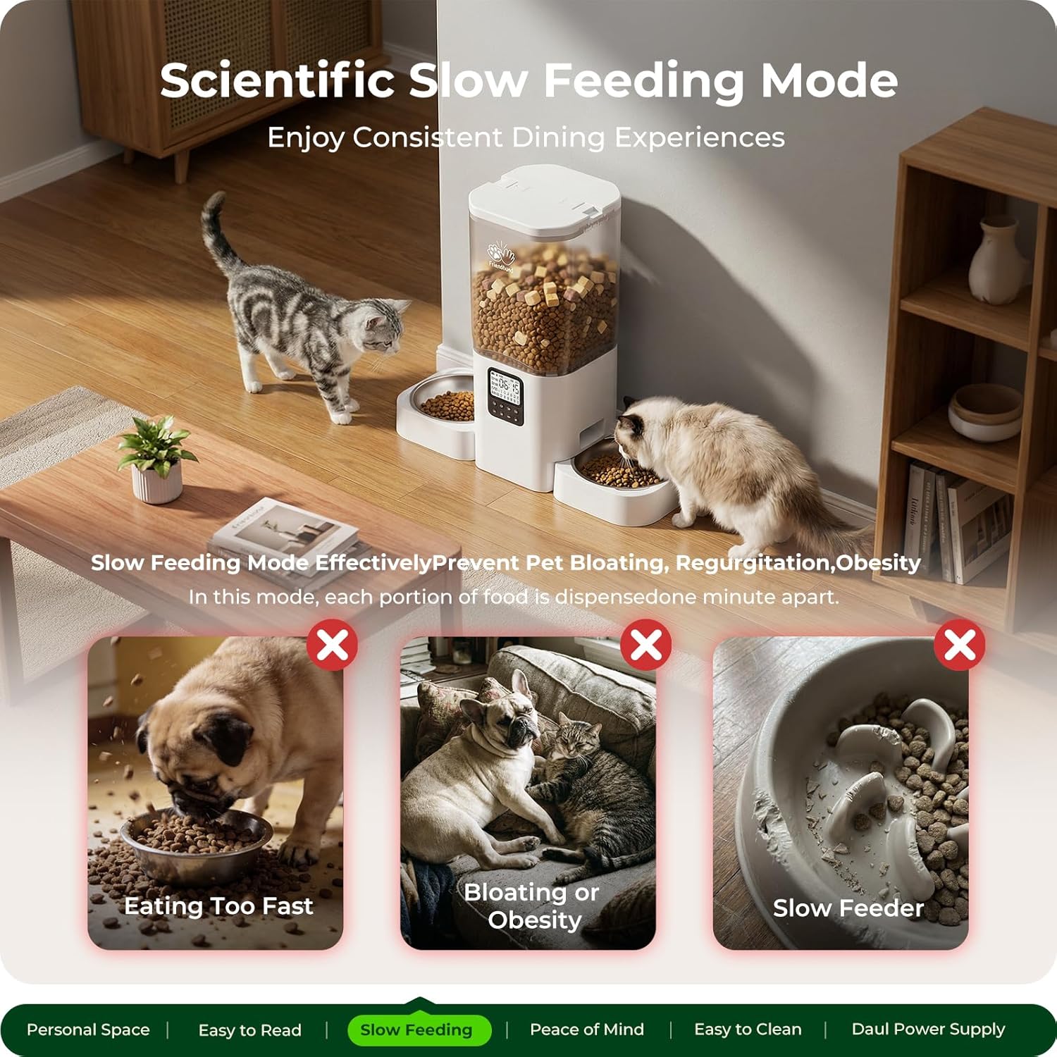 Frienhund Timed Automatic Cat Feeder 2 Cats with Slow Feed: Dual Automatic Dog Feeder with Information Visualization, Programmable Auto Cat Food Dispenser for Multiple Pets,Detachable for Clean-29 Cup - Image 4