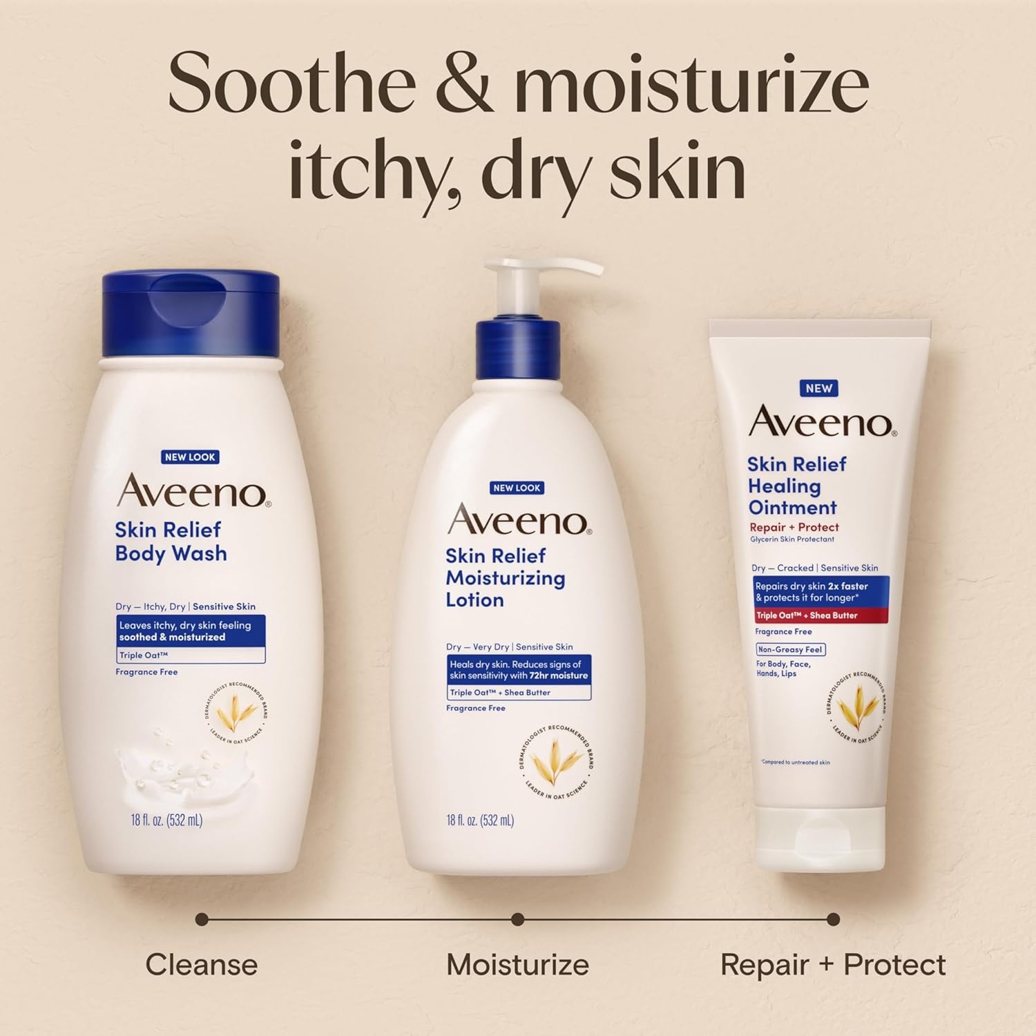 Aveeno Skin Relief Moisturizing Lotion Heals Very Dry, Sensitive Skin, Fast-Absorbing Body Lotion with Soothing Triple Oat & Shea Butter Formula, Fragrance Free, Non-Comedogenic, 18 fl. oz - Image 7