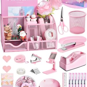 Pink Desk Accessories, 24Pcs Pink Office Supplies and Desk Organizers, with Tape Dispenser, Stapler, Staple Remover, Ect, Gift Box Packaging