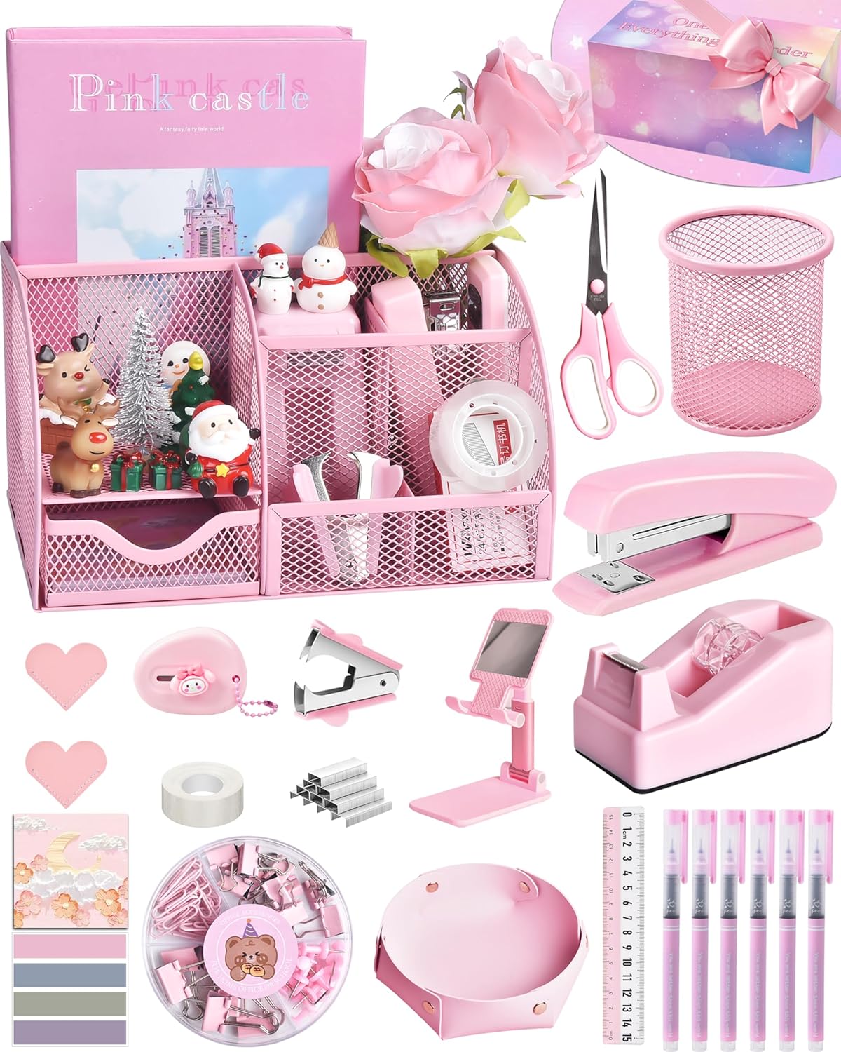 Pink Desk Accessories, 24Pcs Pink Office Supplies and Desk Organizers, with Tape Dispenser, Stapler, Staple Remover, Ect, Gift Box Packaging