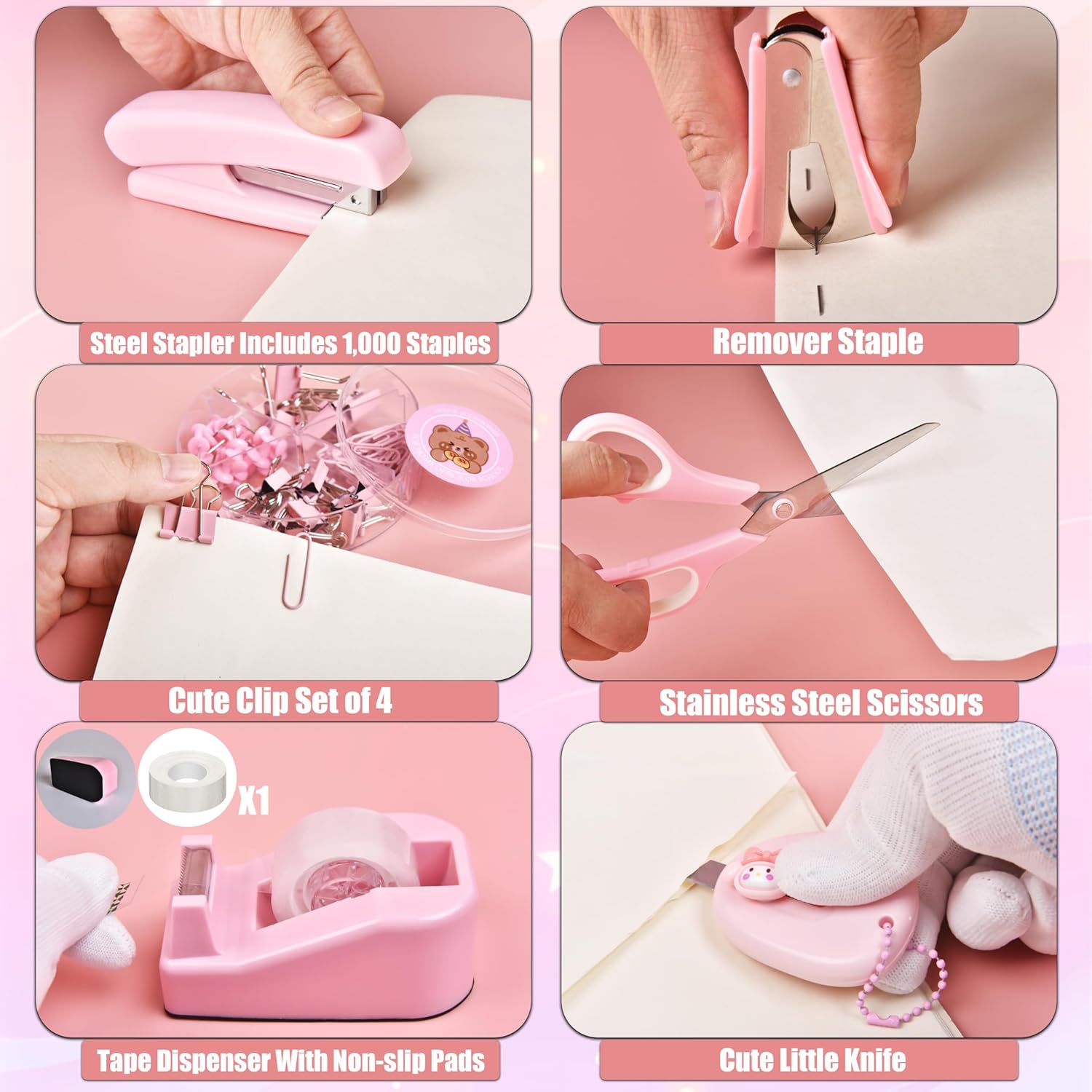 Pink Desk Accessories, 24Pcs Pink Office Supplies and Desk Organizers, with Tape Dispenser, Stapler, Staple Remover, Ect, Gift Box Packaging - Image 5