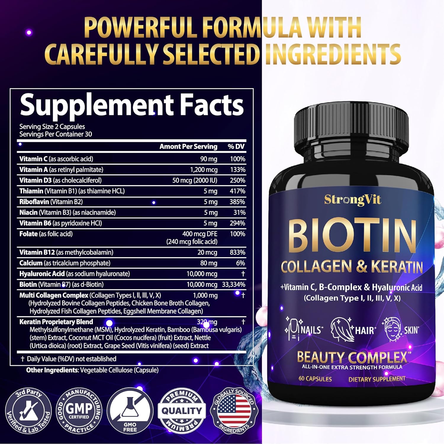 StrongVit Biotin with Hyaluronic Acid, Keratin and Collagen Supplements - 10000mcg for Hair Growth Women and Men - Hair Skin and Nails Vitamins - 60 Capsules - Image 8
