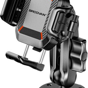 BRCOVAN Anti-Theft Phone Mount Holder with Vibration Dampener [Camera Friendly] [1s Lock & Release] with Aluminum Round Base & Medium Arm, for Car Boat Truck Motorcycle UTV, Fit 5.4-7.2” Smartphones