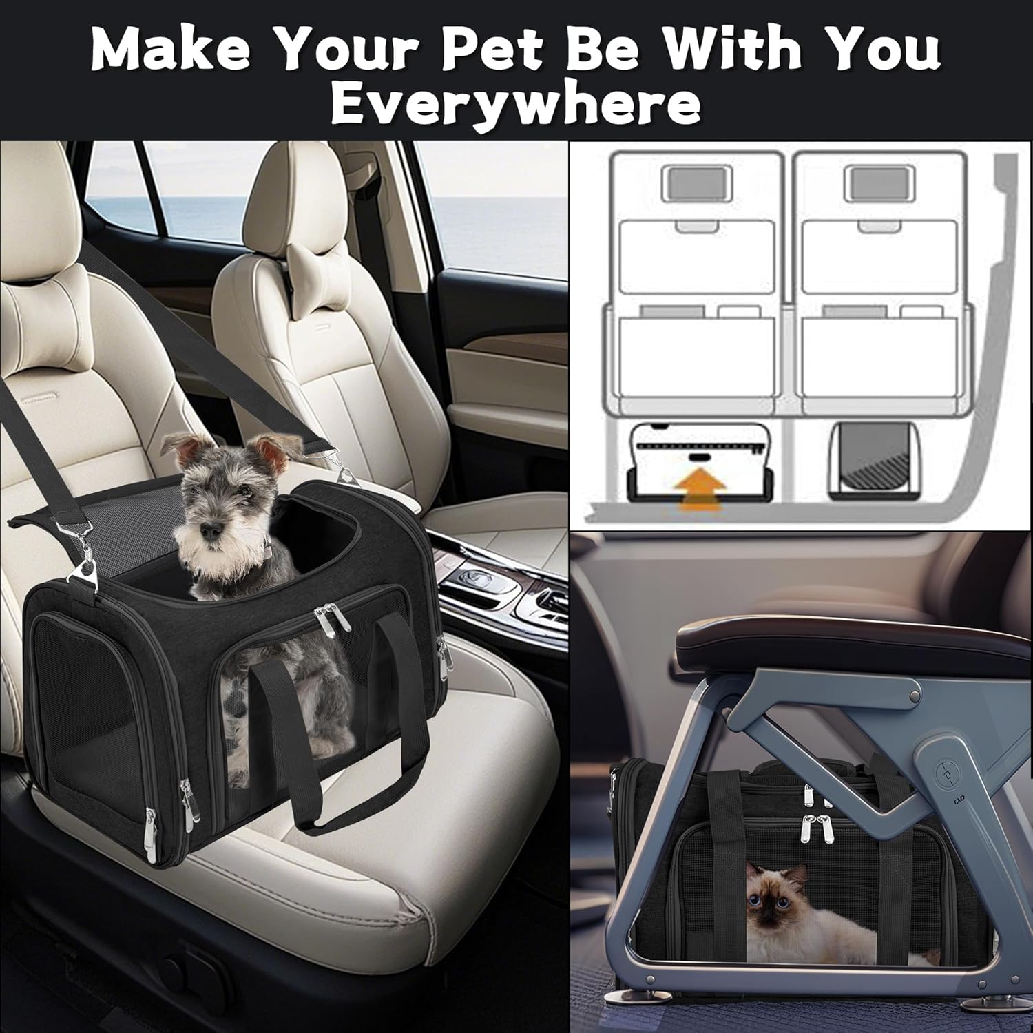 Soft-Sided Cat/Dog/Pet Carrier, Collapsible Pets Travel Carriers for Big Cats/Small Dogs with Shoulder Strap & Removable Mat, Mesh Puppy Carry Bag, Up to 16 Lbs, TSA Airline Approved(Black) - Image 7
