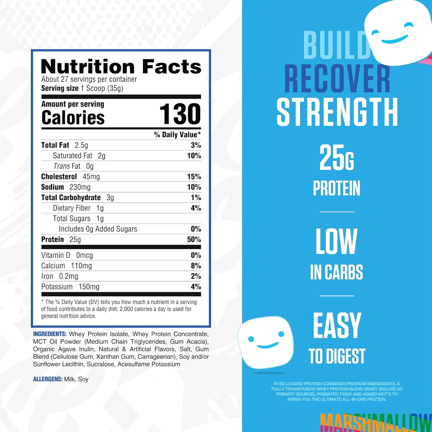 RYSE Loaded Protein Powder - Jet-Puffed Marshmallow - 25g Whey Protein Isolate & Concentrate with Prebiotic Fiber & MCTs - Low Carb, Low Sugar, Digestive-Friendly - 27 Servings / 2 lb Tub - Image 2