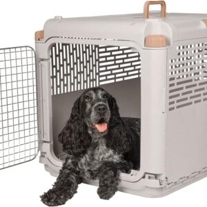 SportPet Designs Collapsible Medium Pet Travel Carrier (Tan), Hard-Sided Kennel for Medium Dogs, Puppies, Cats, Kittens, Animals up to 50lbs, Washable Home & Outdoor Pet Crate, 30.6″L x 22″W x 23.25″H