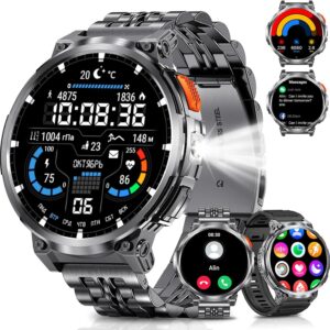 1.85″ Big Screen Military Smart Watch for Men with Flashlight, 730mAh Large Battery, IP68 Waterproof, Bluetooth Calling, 114 Sports Modes, Heart Rate/Sleep Monitor for iOS Android