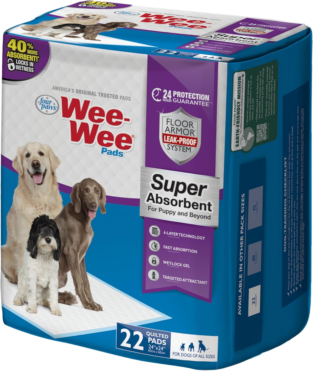 Four Paws Wee-Wee Super Absorbent Unscented Pee Pads for Dogs & Puppies with Insta-Rise Border, Leak-Proof Dog Housebreaking Potty Training Floor Protection, 24" x 24", 75 Count (Packaging May Vary) - Image 10
