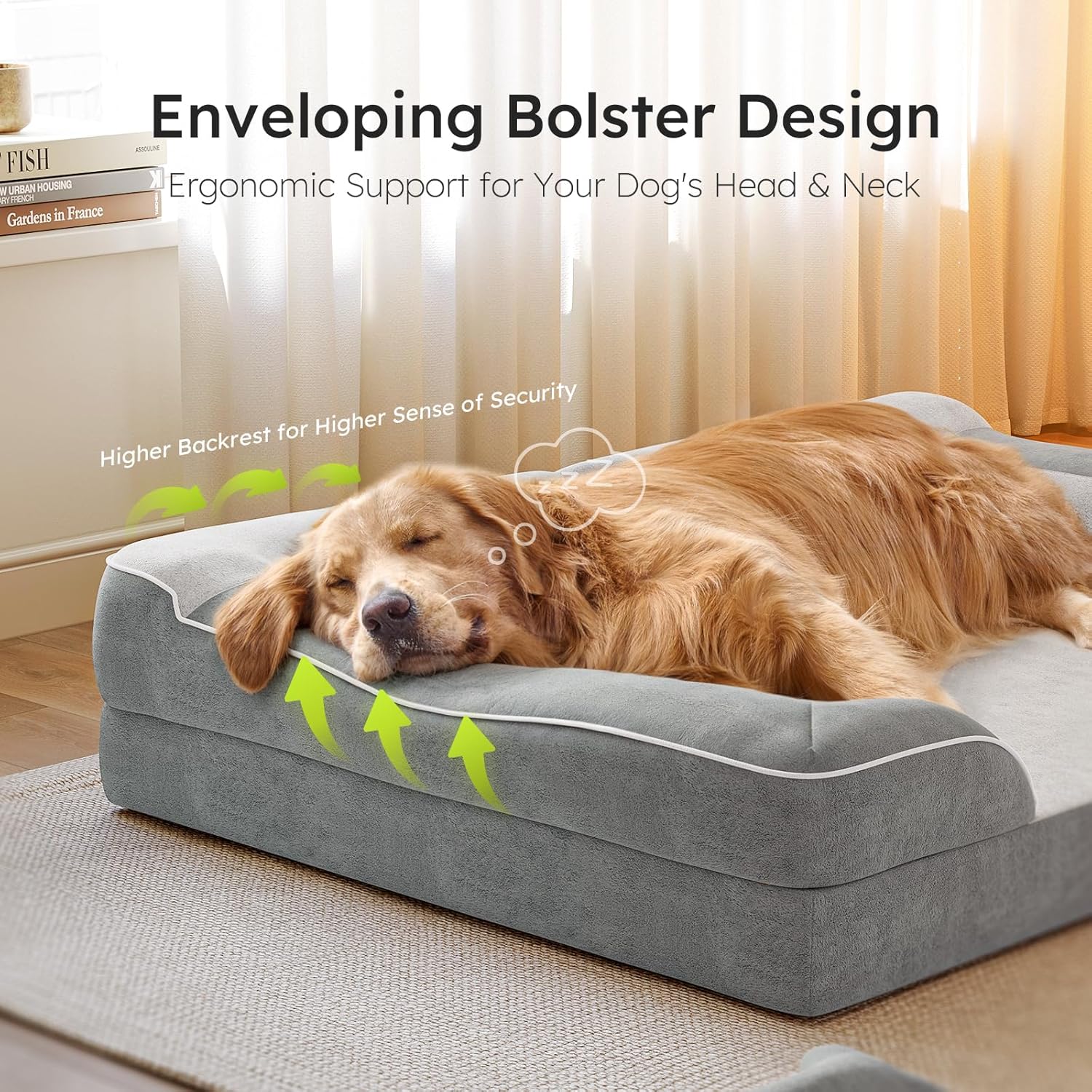 CWAWZ Extra Large Dog Bed, Orthopedic Dog Bed with Cooling Gel Memory Foam, Waterproof XL Pet Bed with Removable Washable Cover, 42" Pet Sofa Couch Dutch Velvet with Bone Toy, Light Gray - Image 4