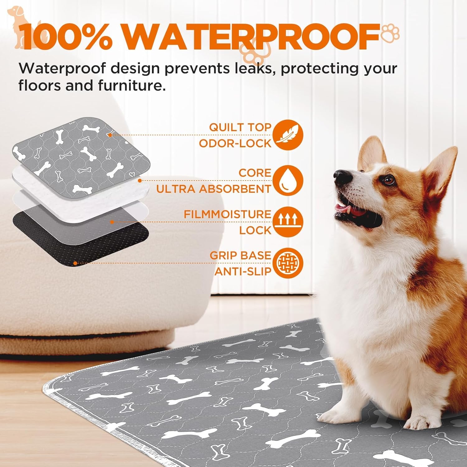 Washable Pee Pads for Dogs, 2Pack Reusable Puppy Pads, Fast Absorbent Dog Pee Pads for Crate Pet Training Pads, Waterproof Whelping Pads for Dogs Bed Mat Crate Indoor (Grey, 18x24) - Image 5