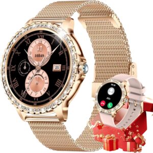 Smart Watch for Women Diamond, Bluetooth Calls, 1.32-inch HD Screen Round Fitness Tracker with Menstrual Cycle/Sleep/Heart Rate Monitor, 100+ Sports Mode, Android/iOS Phone, Rose Gold
