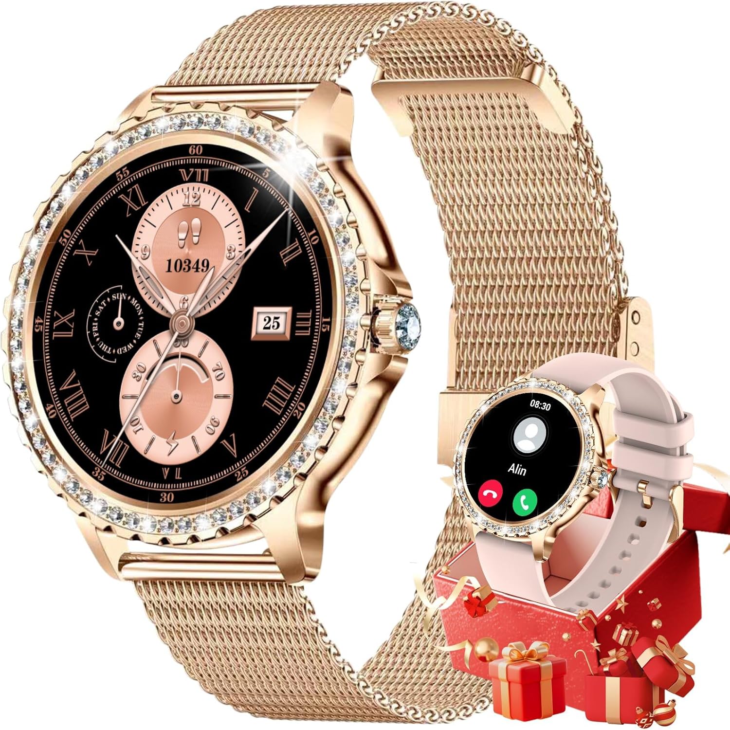 Smart Watch for Women Diamond, Bluetooth Calls, 1.32-inch HD Screen Round Fitness Tracker with Menstrual Cycle/Sleep/Heart Rate Monitor, 100+ Sports Mode, Android/iOS Phone, Rose Gold