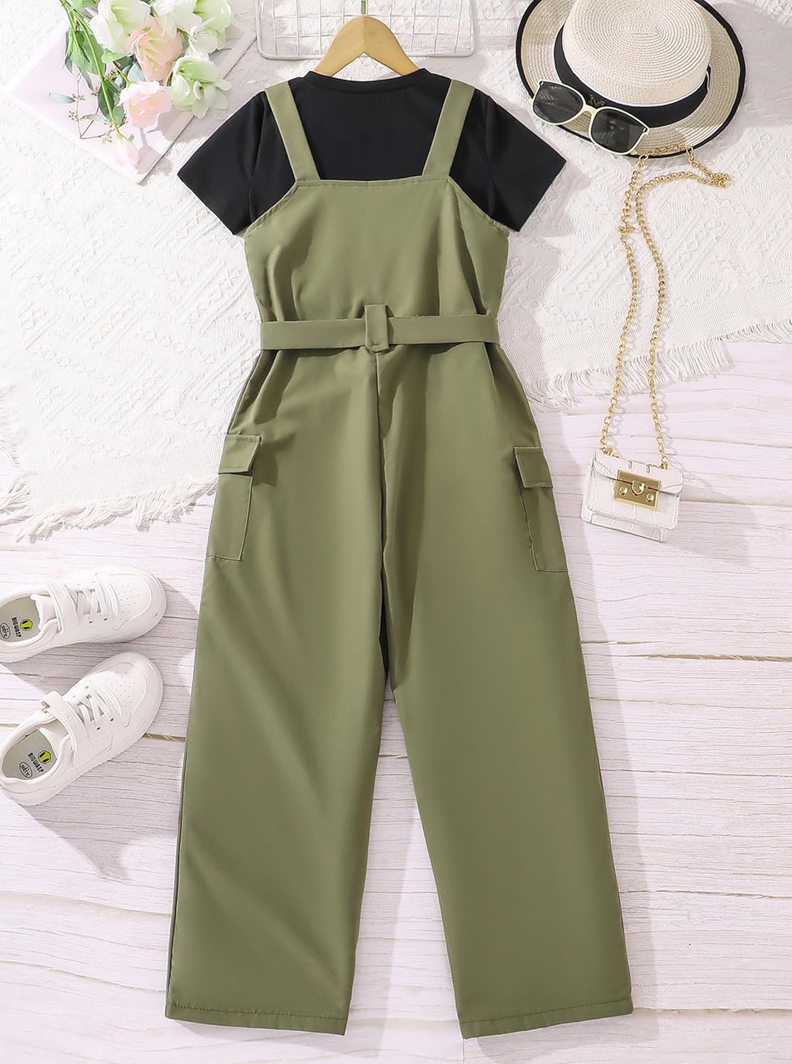 Hilinker Girl's 2 Piece Outfits Overalls Short Sleeve Top and Cargo Jumpsuit Set with Pockets 7-14 Years - Image 2