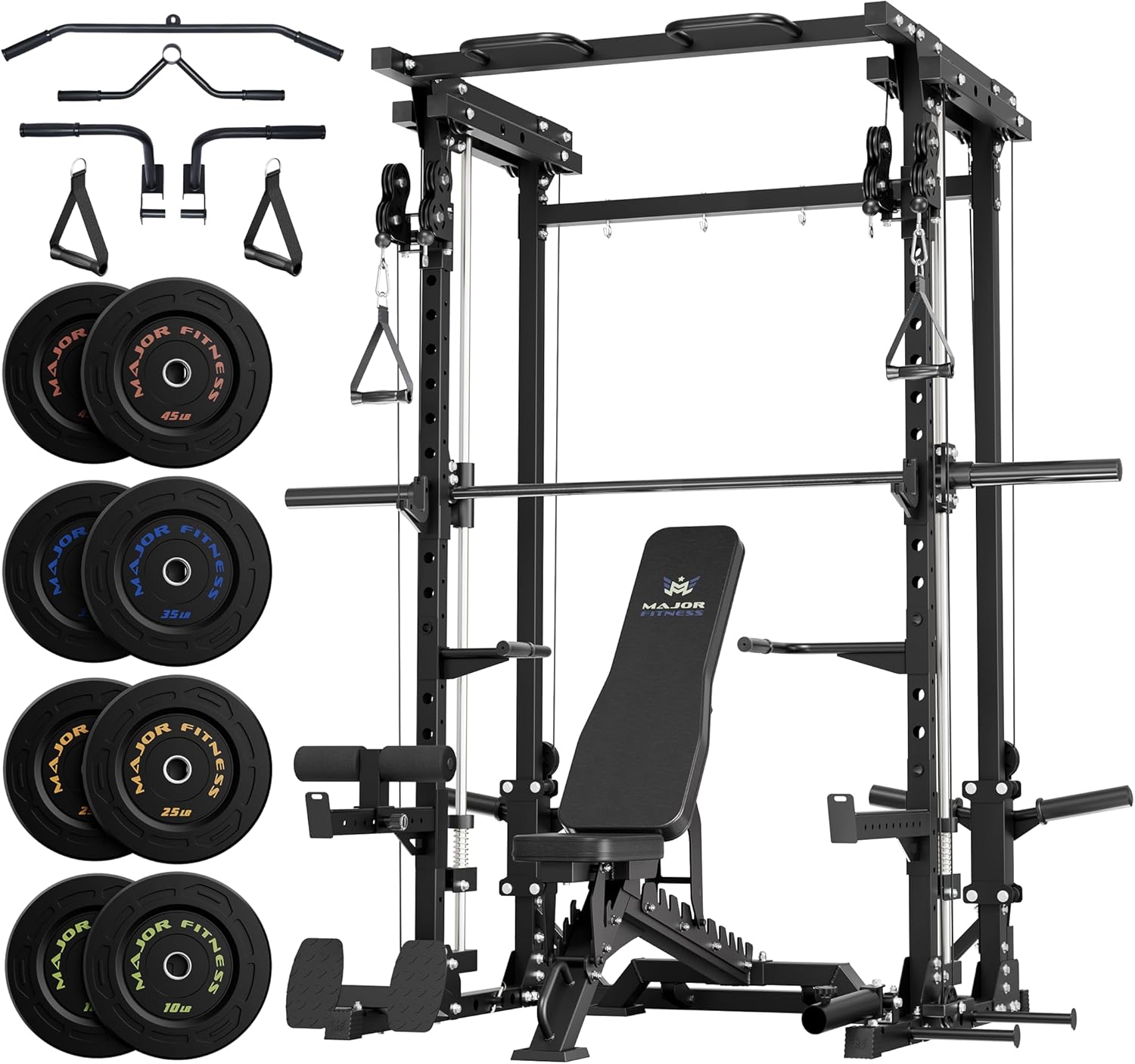 MAJOR FITNESS Drone3 Smith Machine, 2500lbs All-in-One Home Gym Power Rack with Dual Pulley System for Cable Crossover, Pull-Up Bars
