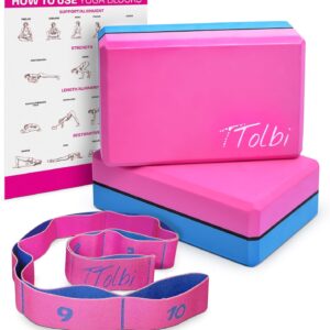 Yoga Blocks 2 Pack with Strap & Guide – Non-Slip EVA Foam Pilates Blocks for Home Workouts, Dance, Ballet, Gymnastics & Stretching Exercise | Ideal Dancer Gifts
