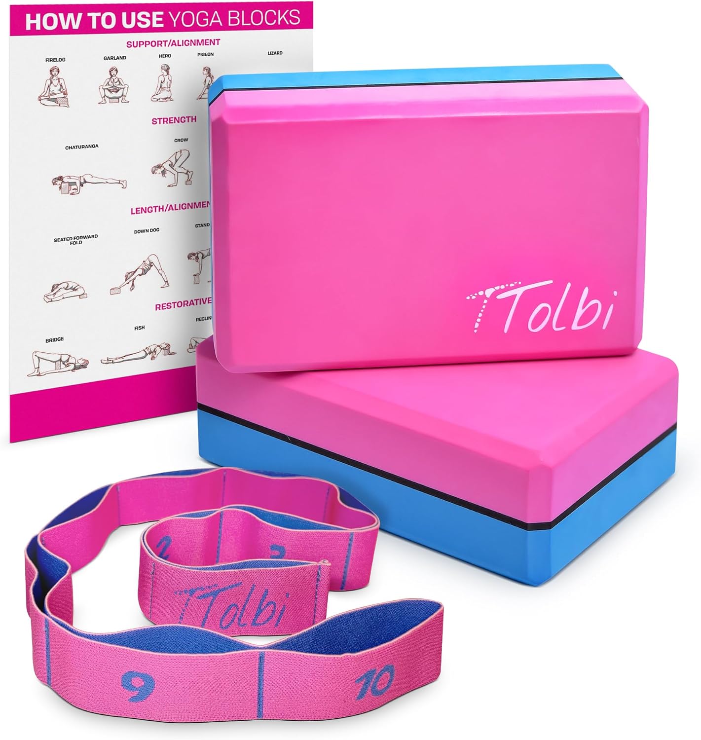 Yoga Blocks 2 Pack with Strap & Guide – Non-Slip EVA Foam Pilates Blocks for Home Workouts, Dance, Ballet, Gymnastics & Stretching Exercise | Ideal Dancer Gifts
