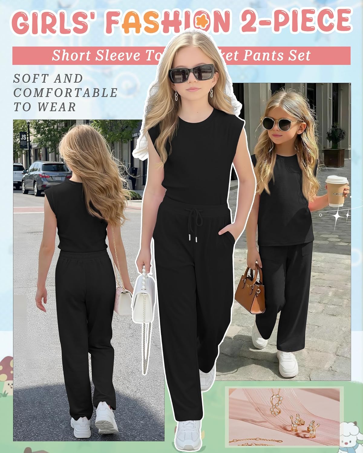 Girls 2 Piece Outfit Sets Short Cap Sleeve Crewneck Top Drawstring Straight Leg Pant Pocket Lightweight Clothes - Image 2