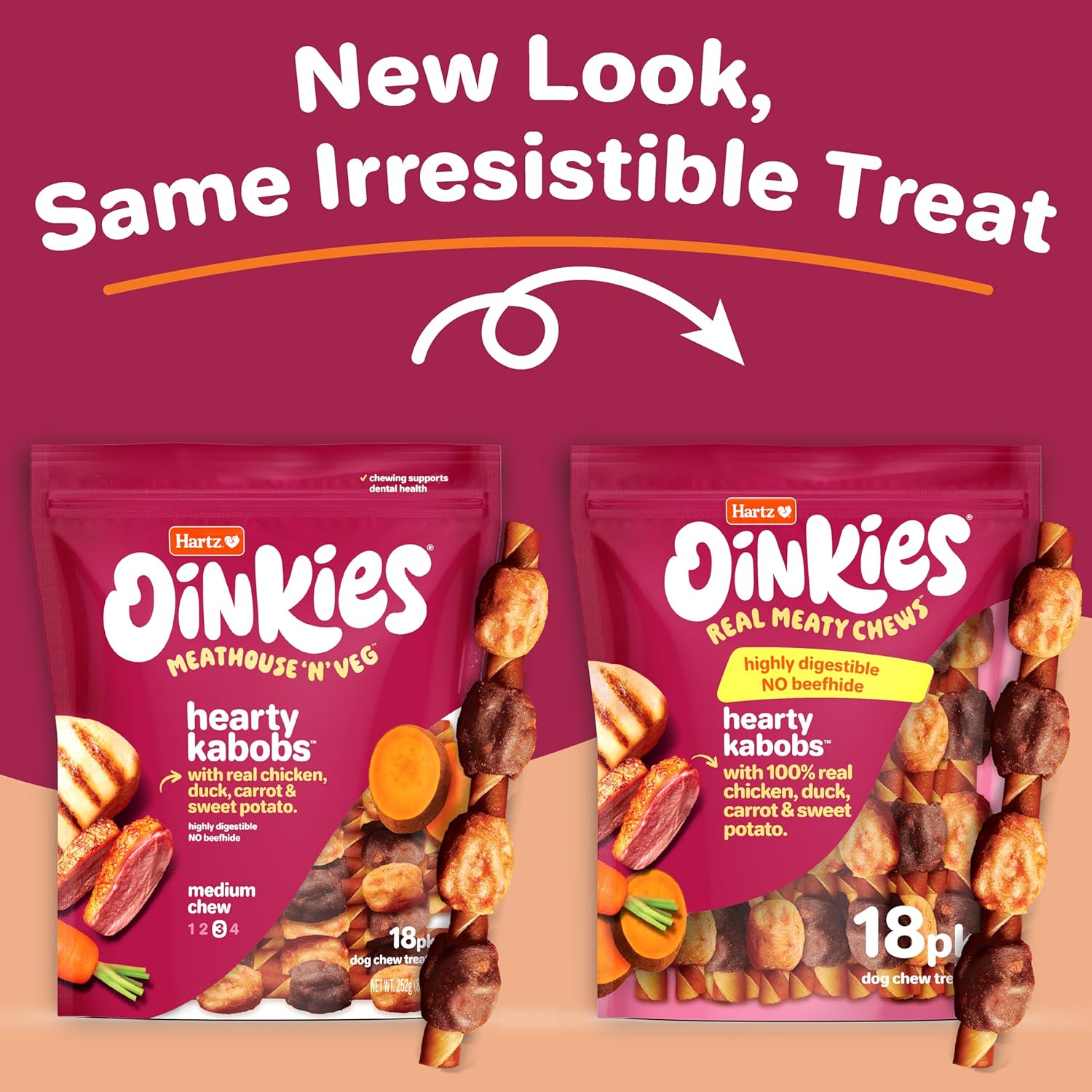 Hartz Oinkies Hearty Kabobs Rawhide‑Free Dog Treats, High‑Protein, Long‑Lasting Highly Digestible Chews Made with Real Chicken, Duck, Sweet Potato & Carrot, 18 Count - Image 2