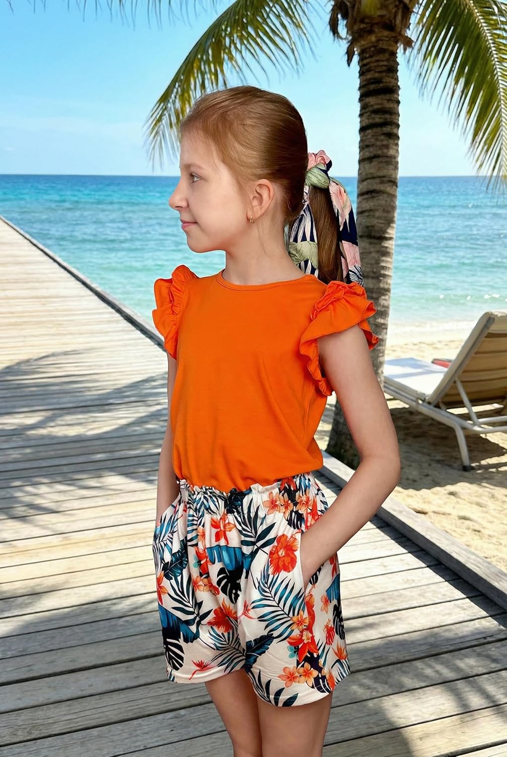 Arshiner Girls 2 Piece Outfits Summer Clothes Ruffle Short Sleeve Shirts Top and High Waist Paper Bag Shorts Set with Pockets - Image 4