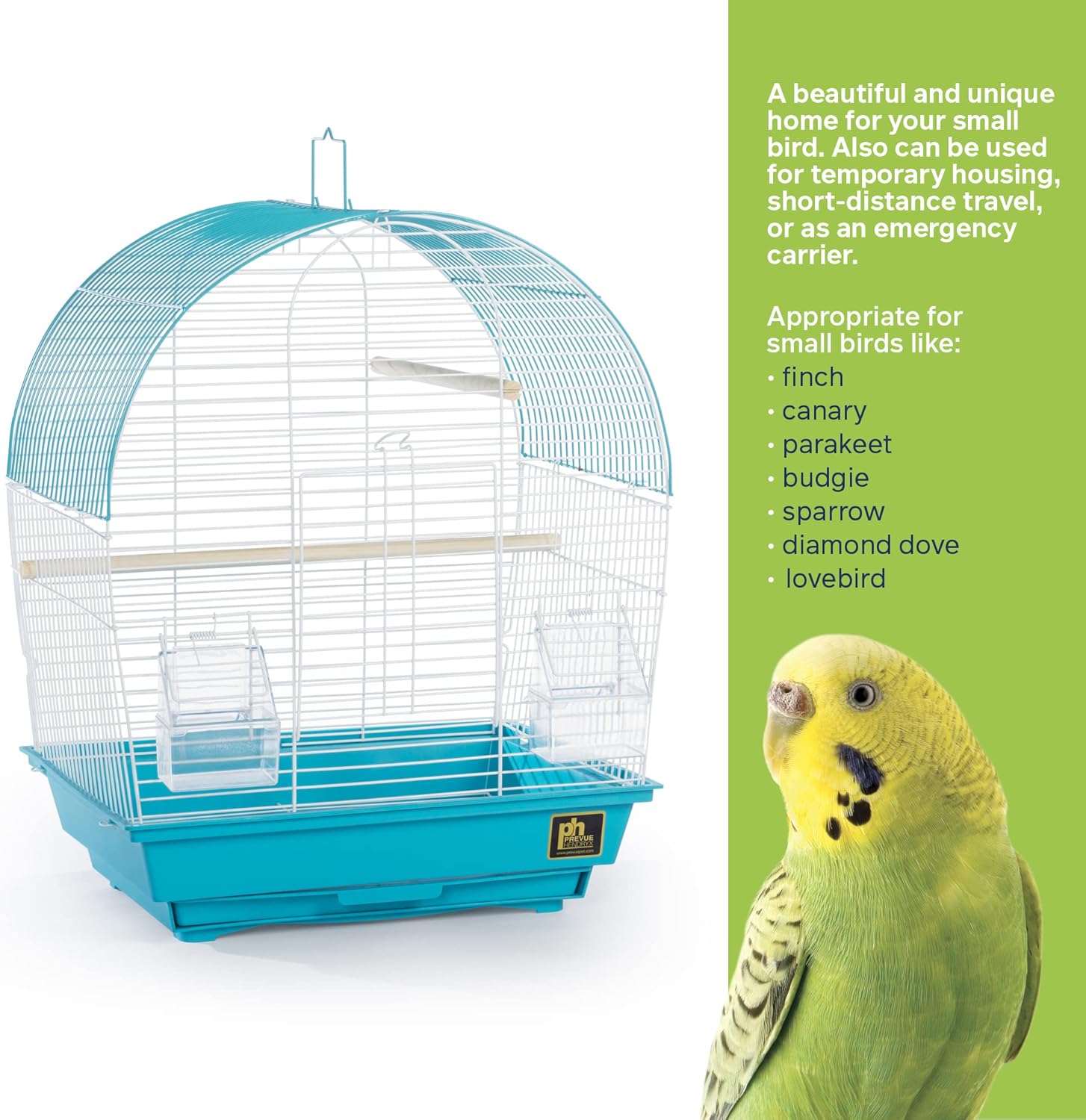 Prevue Pet Products South Beach Dome Top Bird Cage - Ideal for Parakeets, Finches, Budgies, & Canaries, Small & Portable Indoor Bird Cage, Functional Permanent or Travel Bird Cage - White & Teal - Image 4