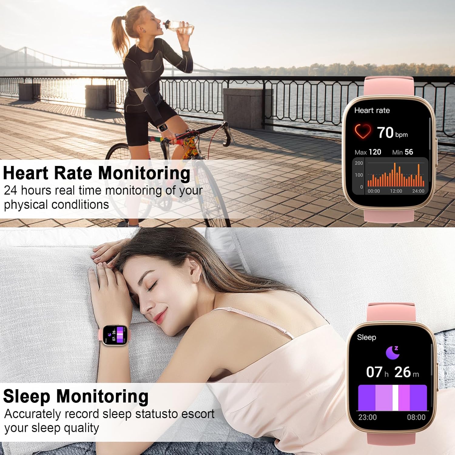 Smart Watch for Women, 1.95" HD Touchscreen Fitness Tracker with Bluetooth Calling, Fitness Watch with 110+ Sports Modes/Heart Rate/Sleep Monitor, IP68 Waterproof Smartwatch for Android iOS, Pink - Image 6