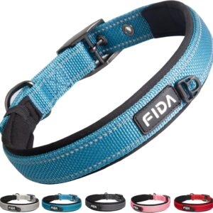 Fida Heavy Duty Dog Collar, Ultra Comfortable Soft Neoprene Padded, Adjustable Reflective Nylon Pet Collar with Durable Metal Belt Buckle for Medium Breeds (M, Blue)